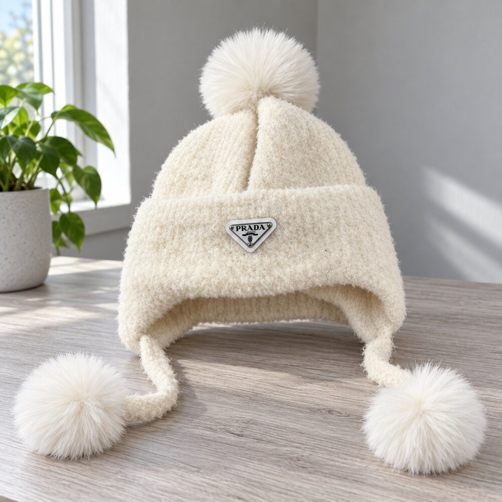 Prada Ivory Earflap Hat with Pom-Poms